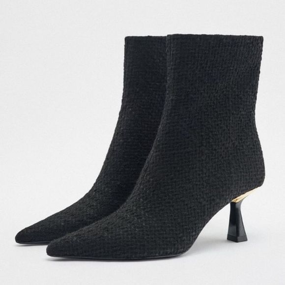 Zara Black Fabric Heeled Pointed Toe Ankle Boots - Picture 2 of 9